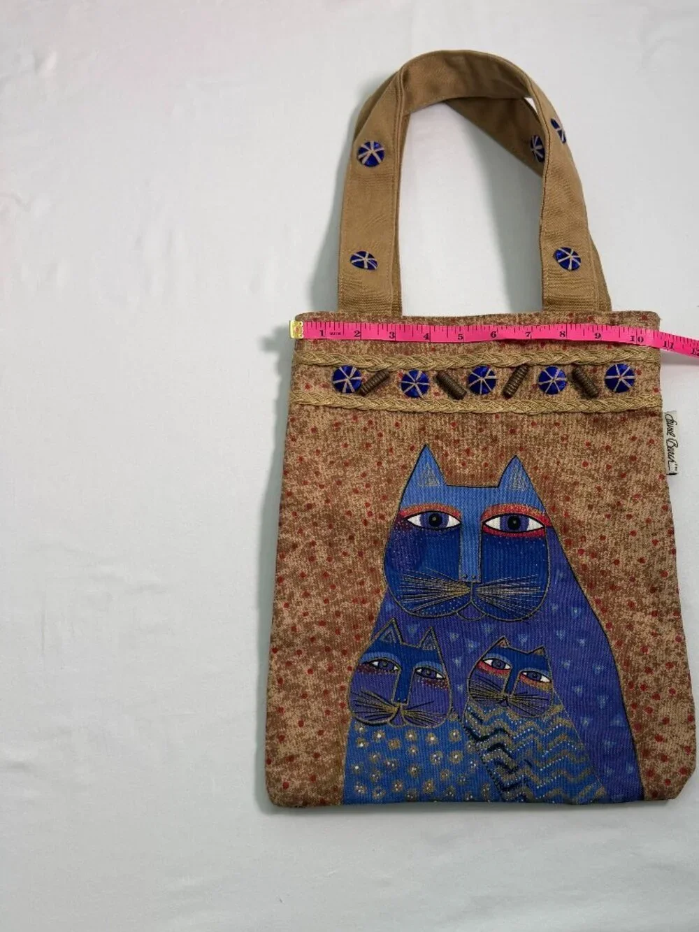 Laurel Burch Cat Tote Bag Vintage Style Canvas Handbag Blue Cats Folk Art Zipper